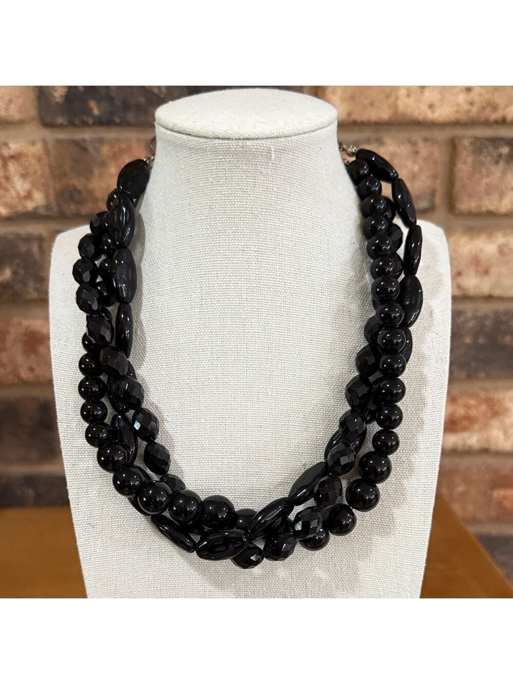White House Black Market Triple Strand Black Glass beaded collar necklace